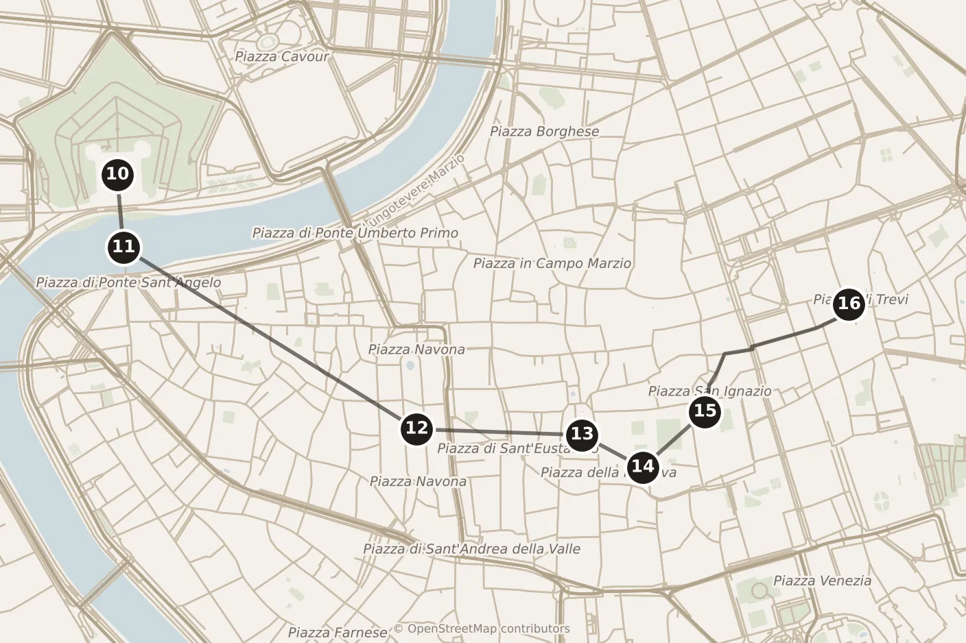 Map of Rome, afternoon and evening: stops 10–16, numbered in walking order.