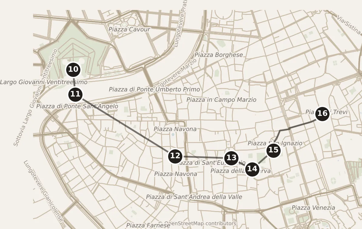 Map of Rome, afternoon and evening: stops 10–16, numbered in walking order.