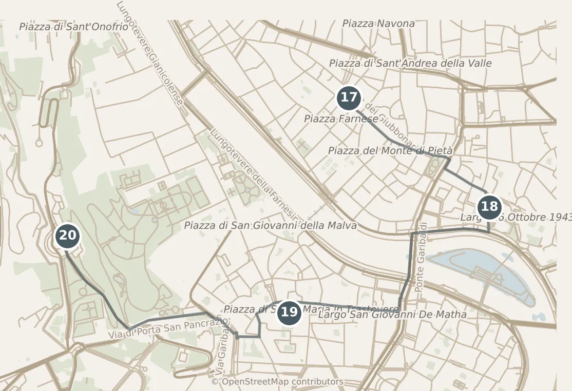 Map of Rome, with a third day: stops 17–20, numbered in walking order.