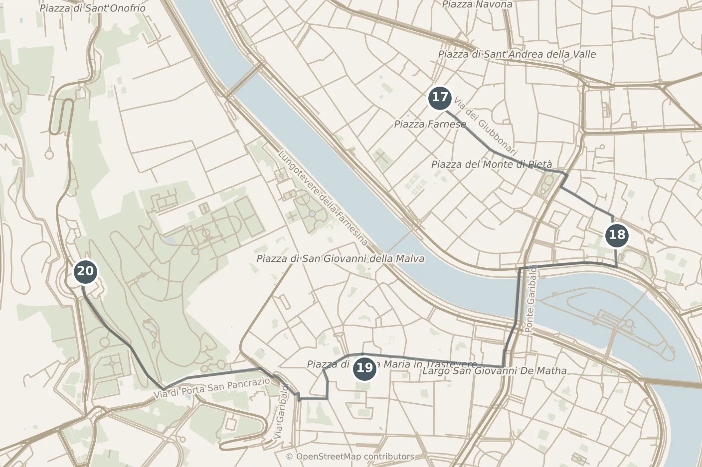 Map of Rome, with a third day: stops 17–20, numbered in walking order.