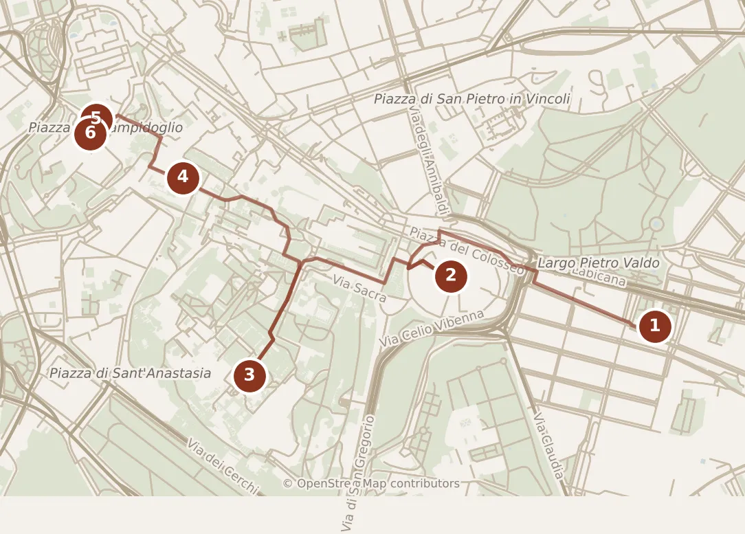 Map of Rome, day one: stops 1–6, numbered in walking order.