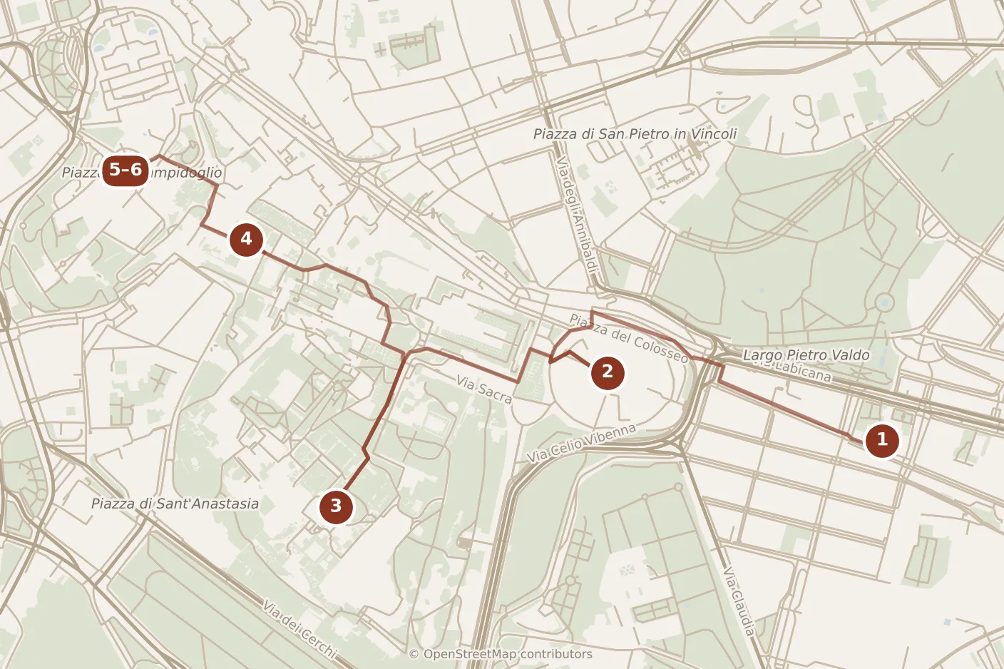 Map of Rome, day one: stops 1–6, numbered in walking order.