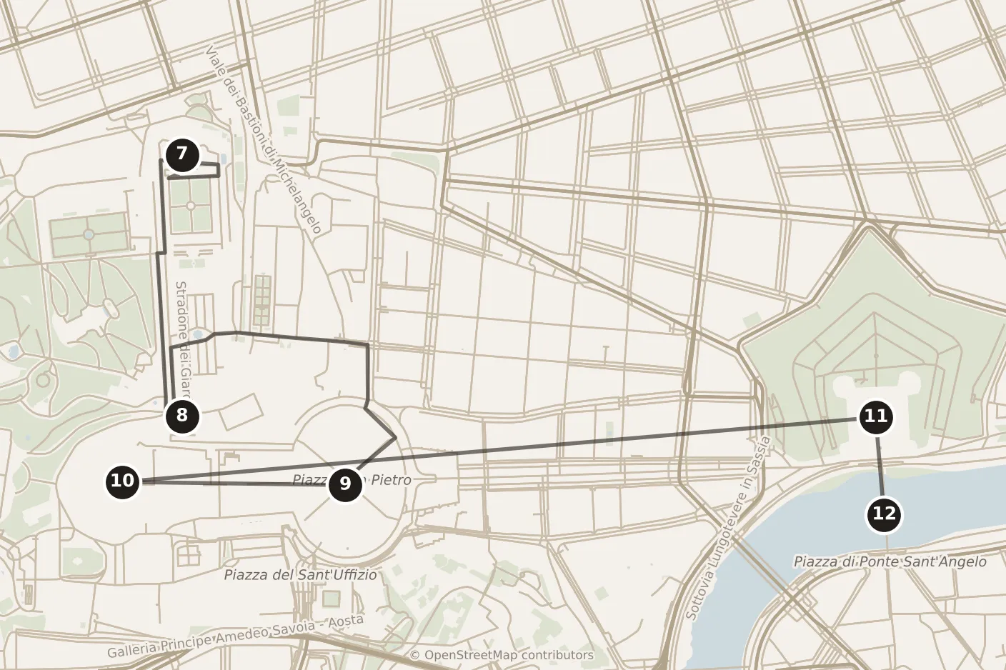 Map of Rome, day two: stops 7–12, numbered in walking order.