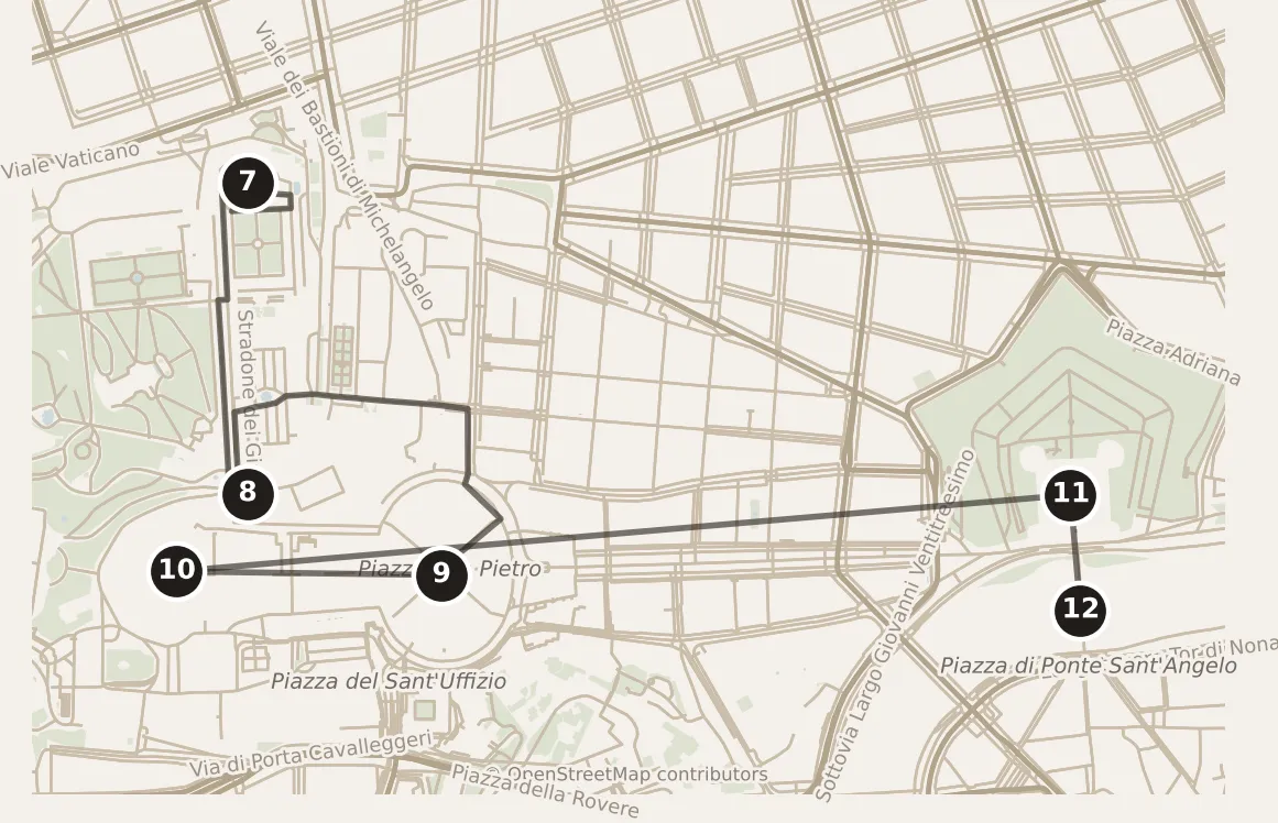 Map of Rome, day two: stops 7–12, numbered in walking order.
