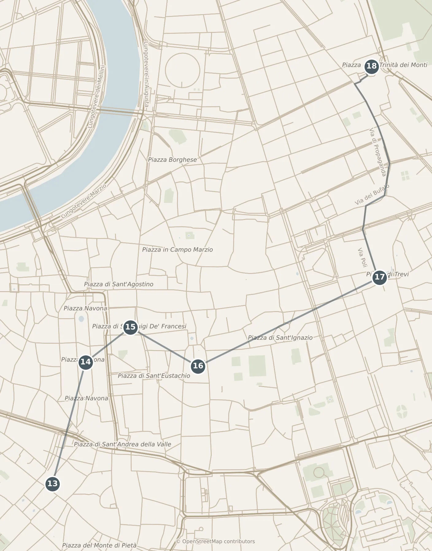 Map of Rome, day three: stops 13–18, numbered in walking order.