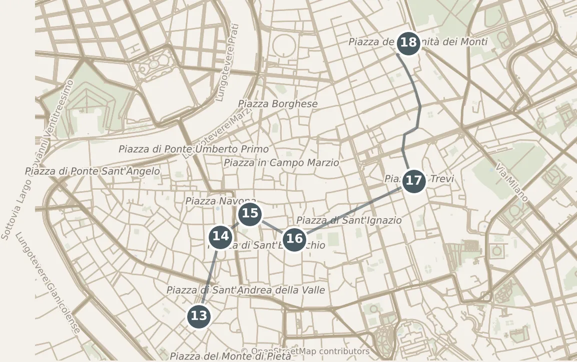 Map of Rome, day three: stops 13–18, numbered in walking order.