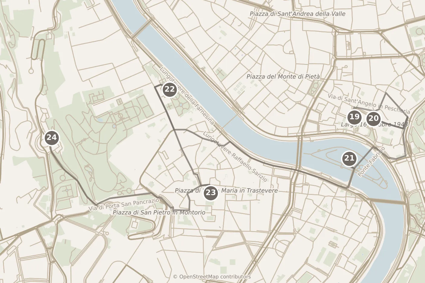Map of Rome, day four: stops 19–24, numbered in walking order.