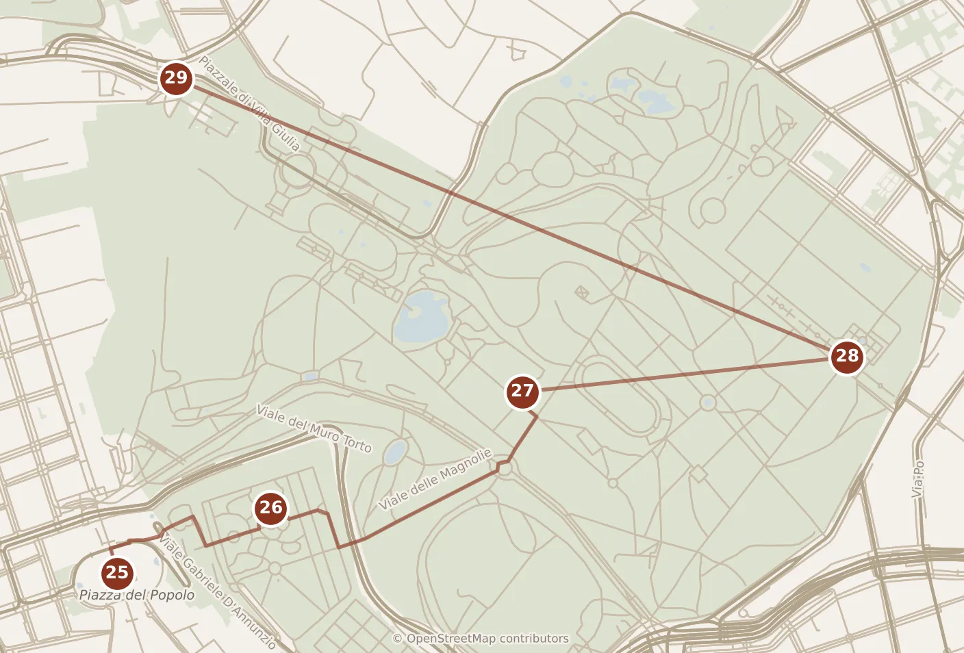 Map of Rome, day five: stops 25–29, numbered in walking order.