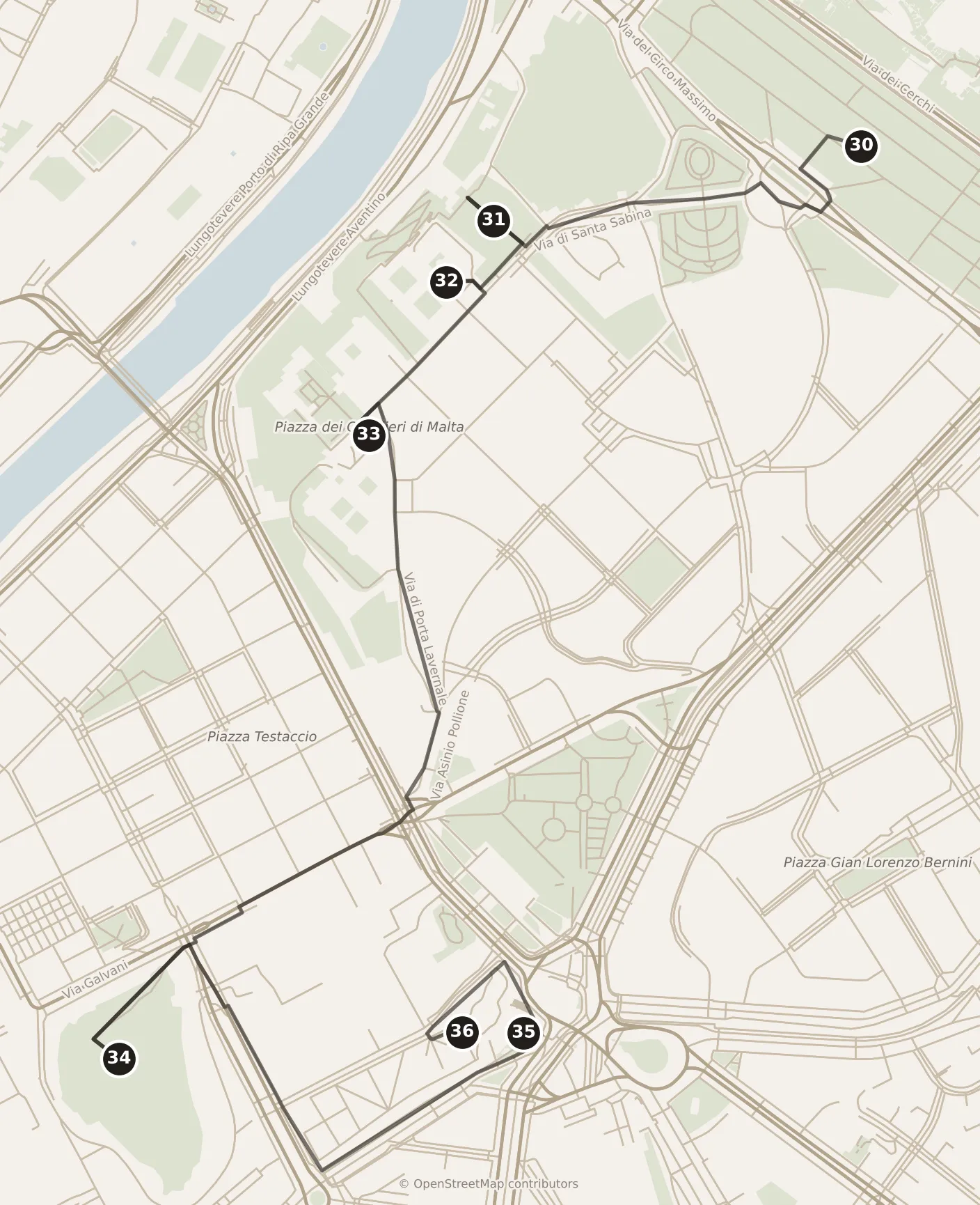 Map of Rome, day six · stops 30–36: stops 30–36, numbered in walking order.