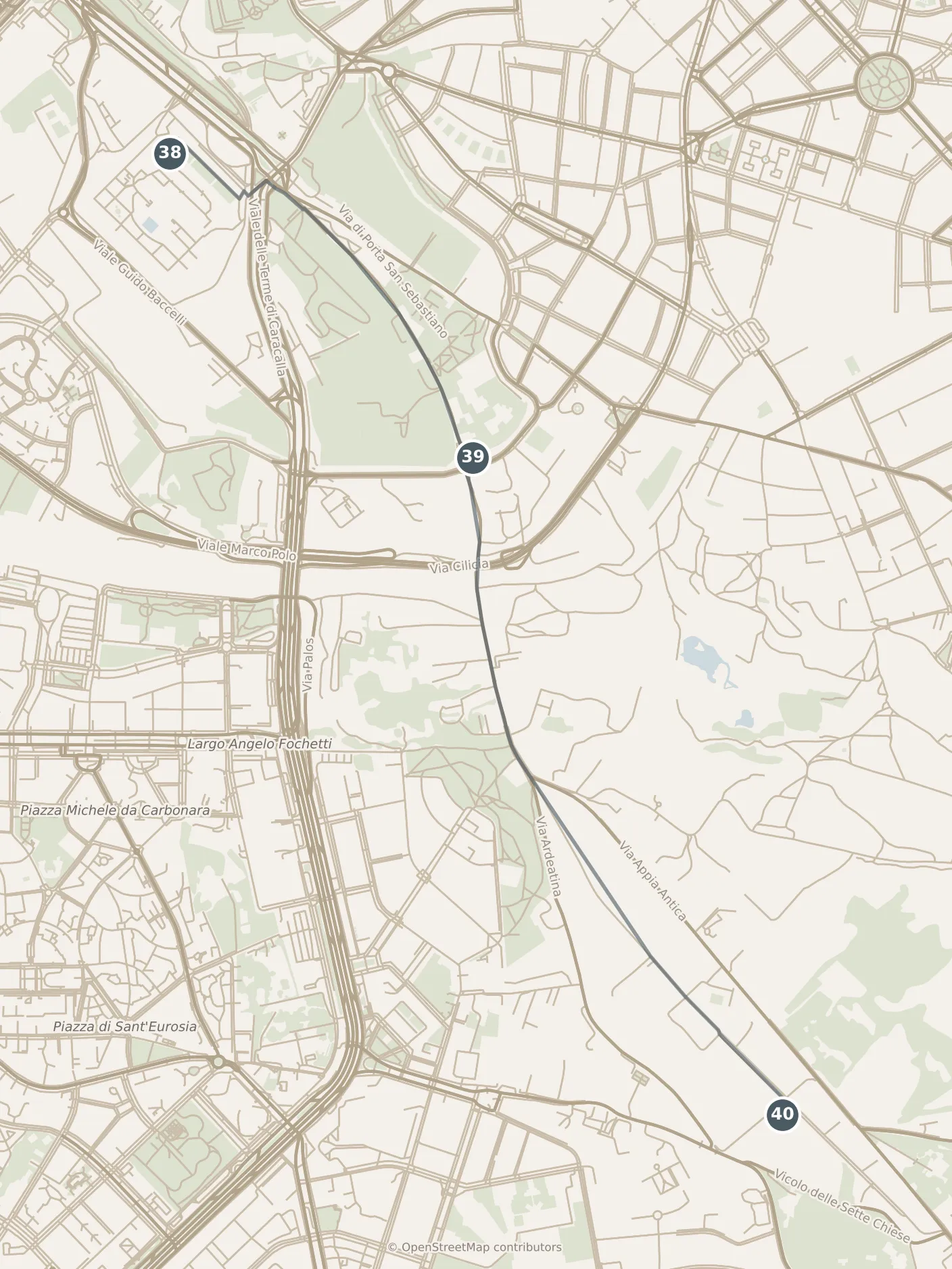 Map of Rome, day seven: stops 38–40, numbered in walking order.
