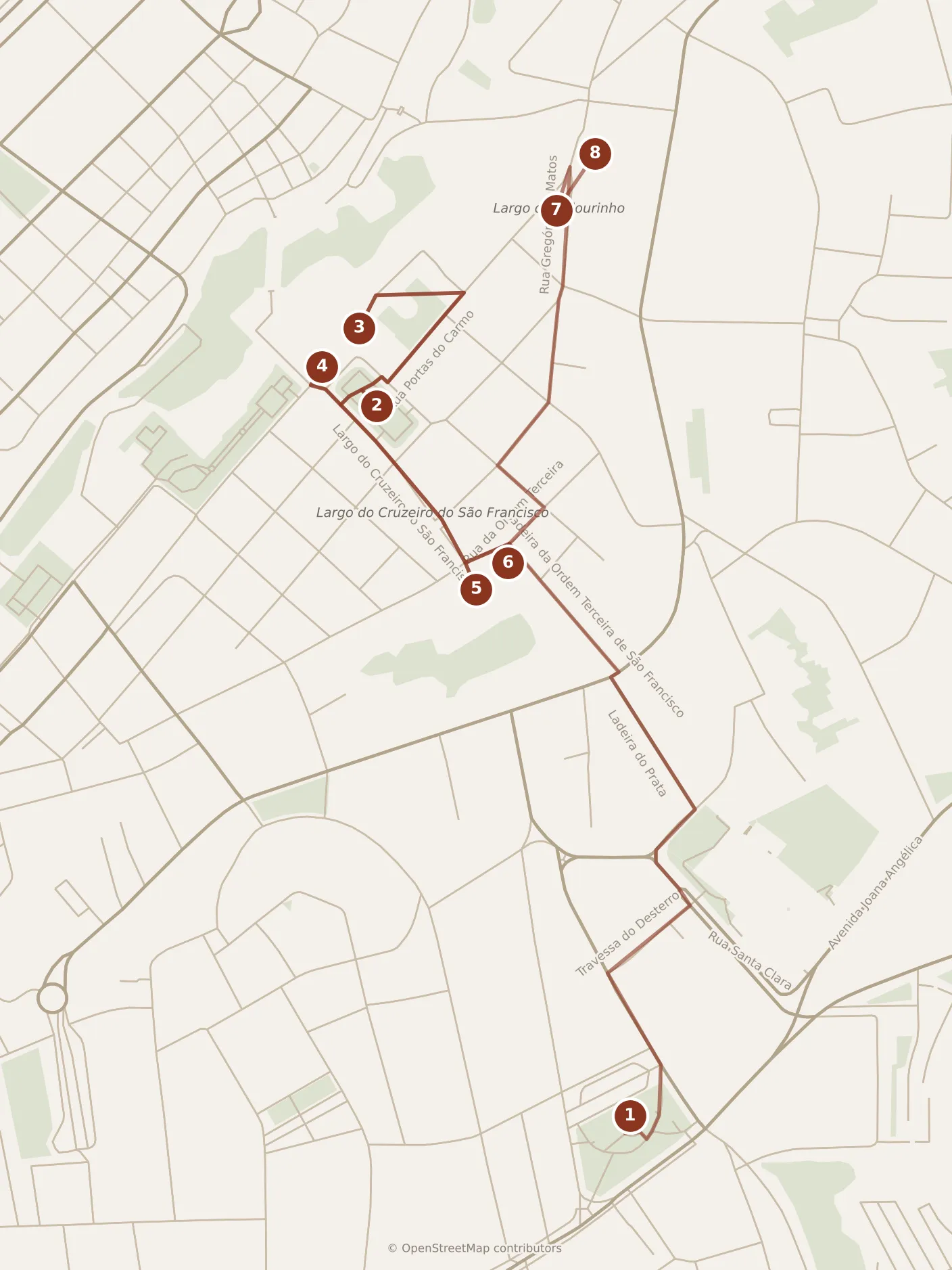 Map of Salvador, morning: stops 1–8, numbered in walking order.