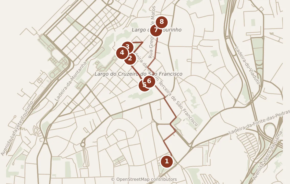 Map of Salvador, morning: stops 1–8, numbered in walking order.