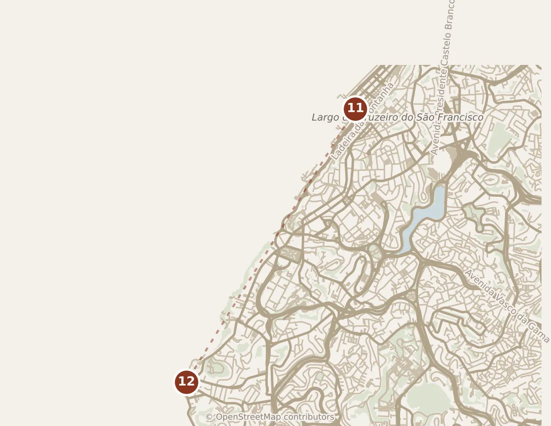 Map of Salvador, afternoon: stop 12, numbered in walking order.