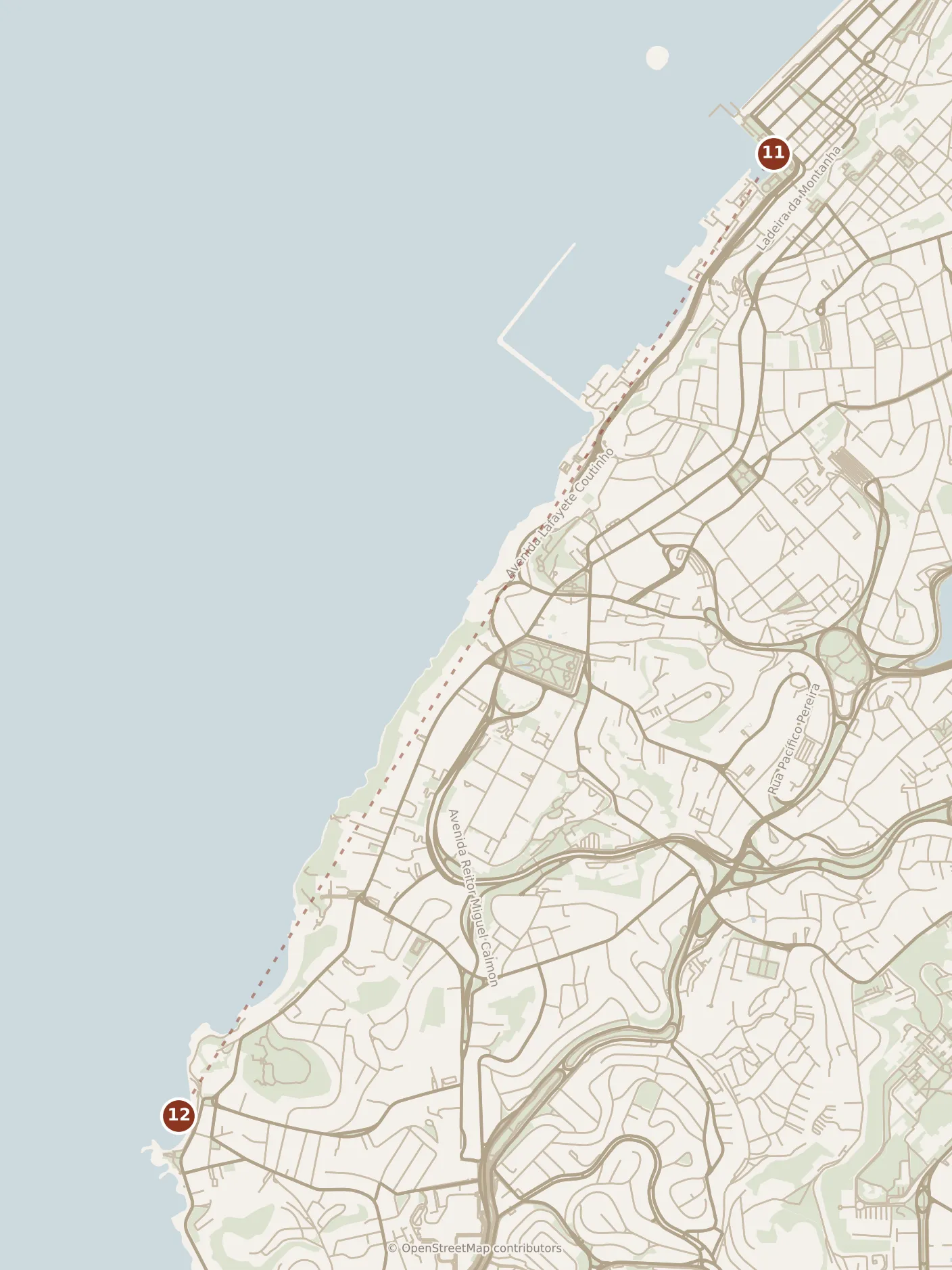 Map of Salvador, afternoon: stop 12, numbered in walking order.