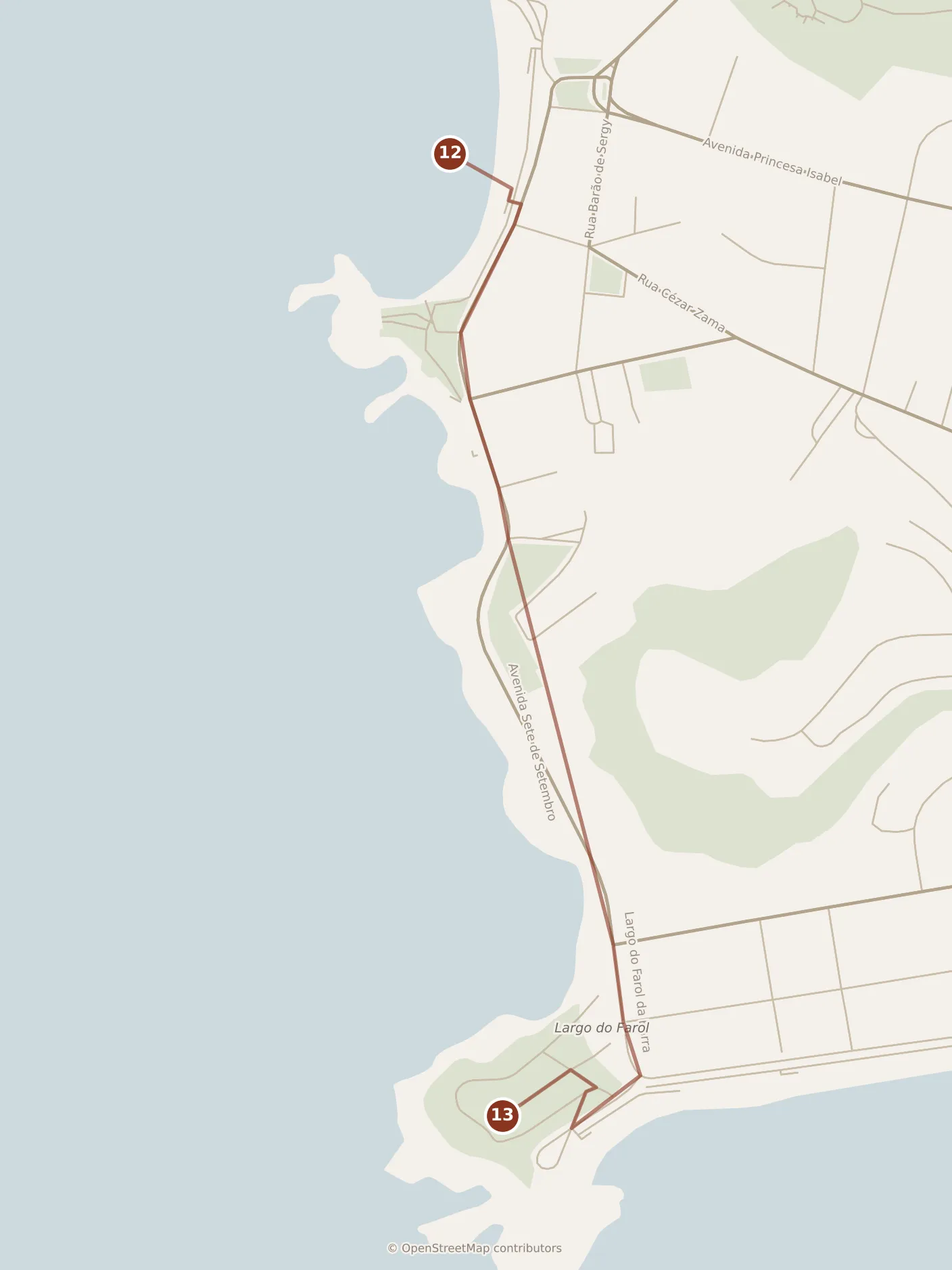 Map of Salvador, evening: stop 13, numbered in walking order.