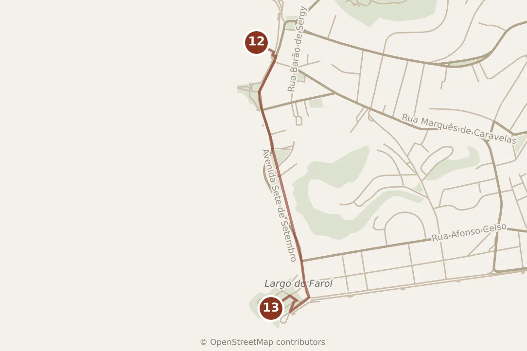 Map of Salvador, evening: stop 13, numbered in walking order.