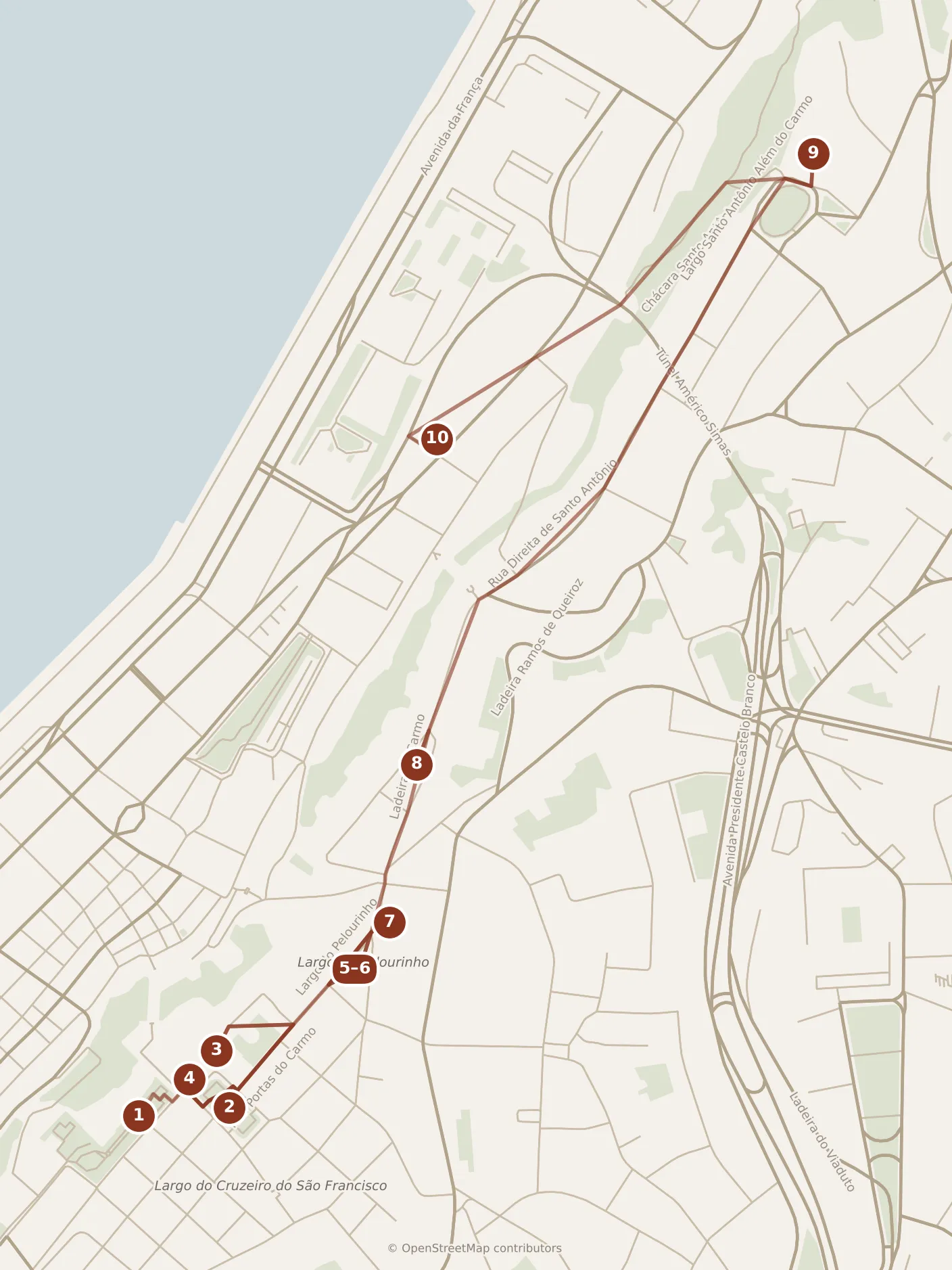 Map of Salvador, day one: stops 1–10, numbered in walking order.