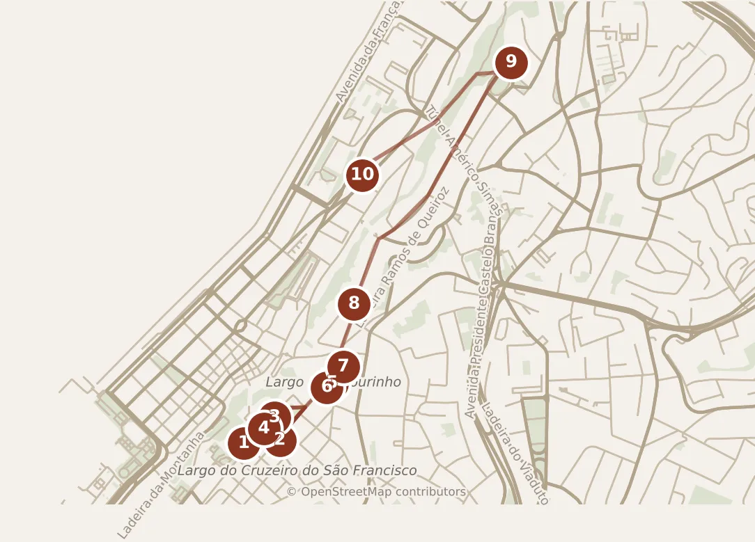 Map of Salvador, day one: stops 1–10, numbered in walking order.