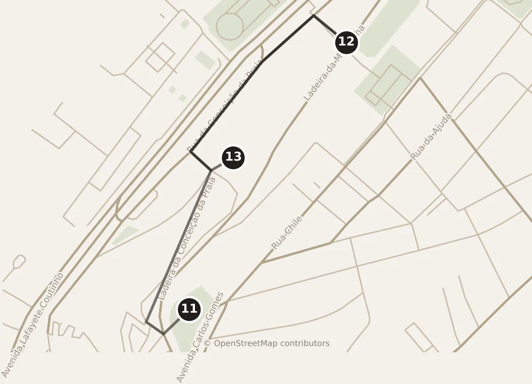 Map of Salvador, morning: stops 11–13, numbered in walking order.