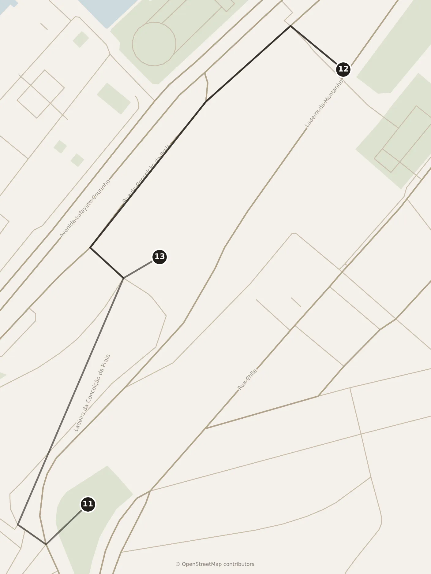 Map of Salvador, morning: stops 11–13, numbered in walking order.