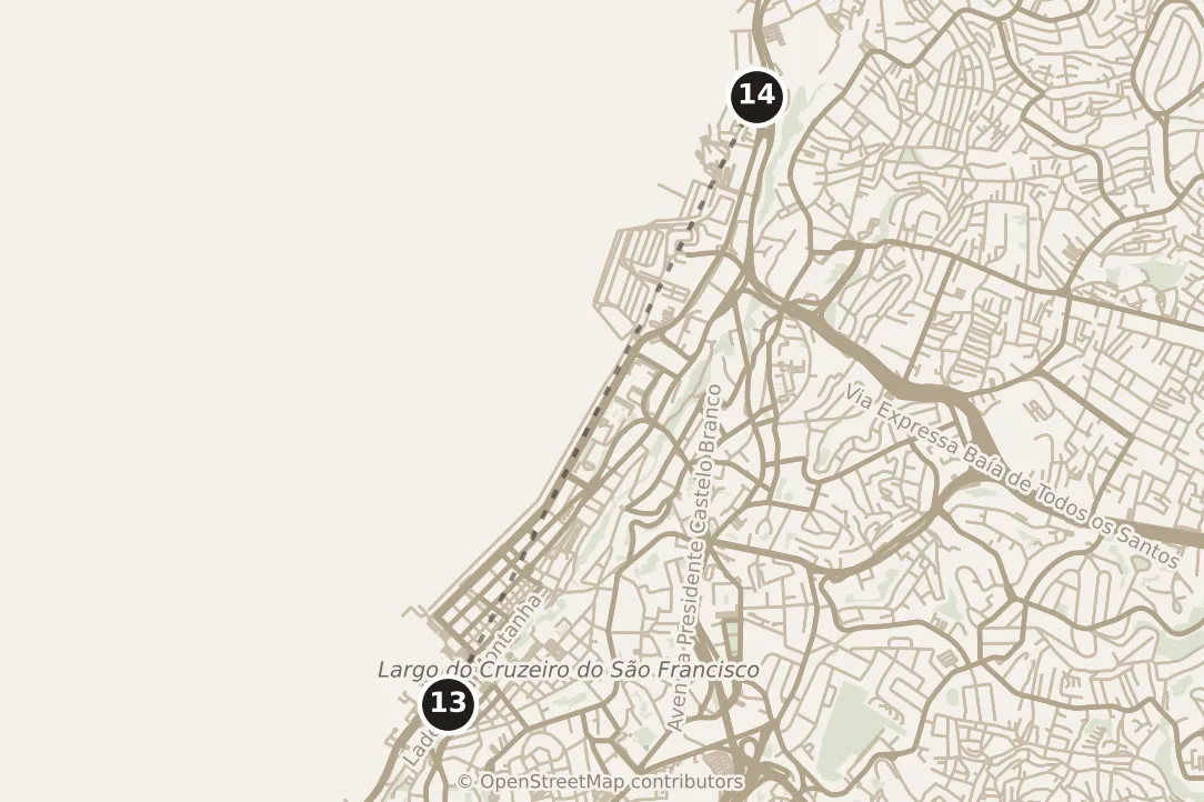 Map of Salvador, morning: stop 14, numbered in walking order.