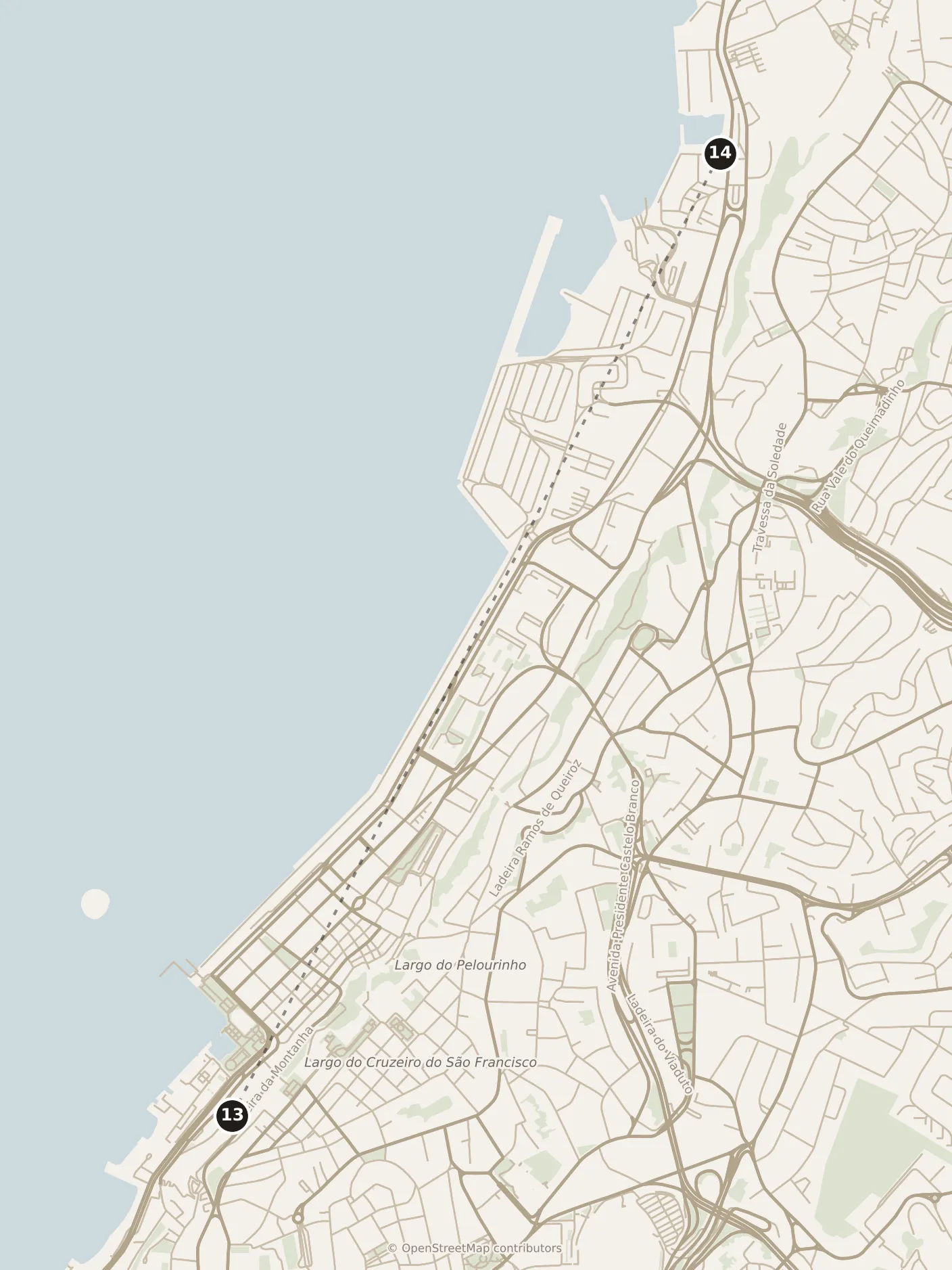 Map of Salvador, morning: stop 14, numbered in walking order.