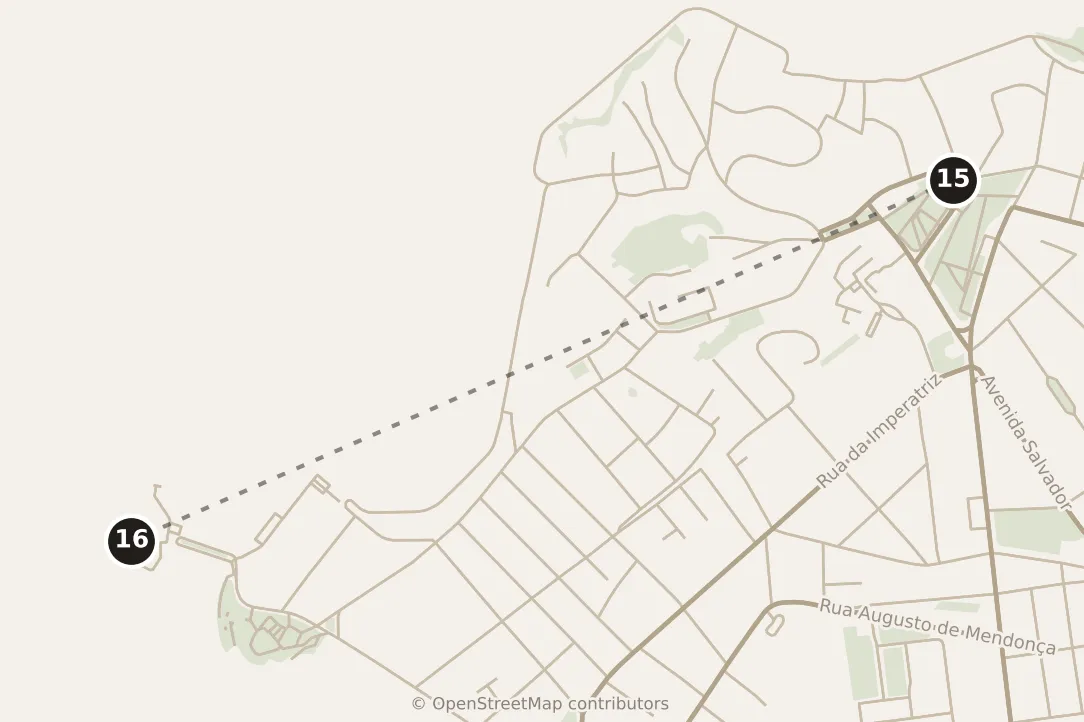 Map of Salvador, afternoon: stops 15–16, numbered in walking order.