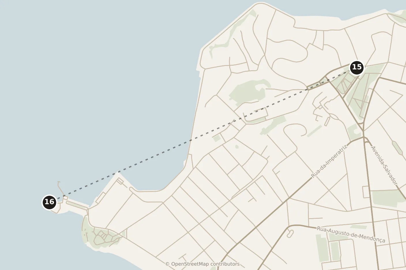 Map of Salvador, afternoon: stops 15–16, numbered in walking order.