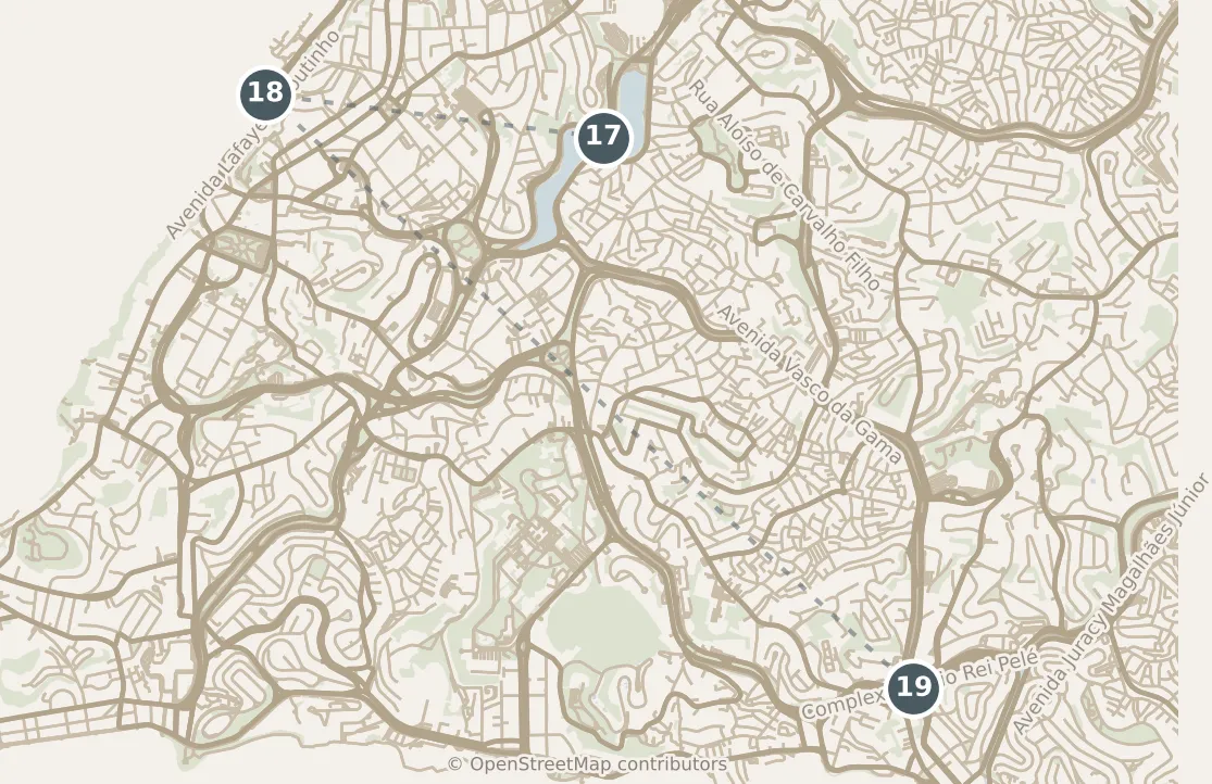 Map of Salvador, with a third day: stops 17–19, numbered in walking order.