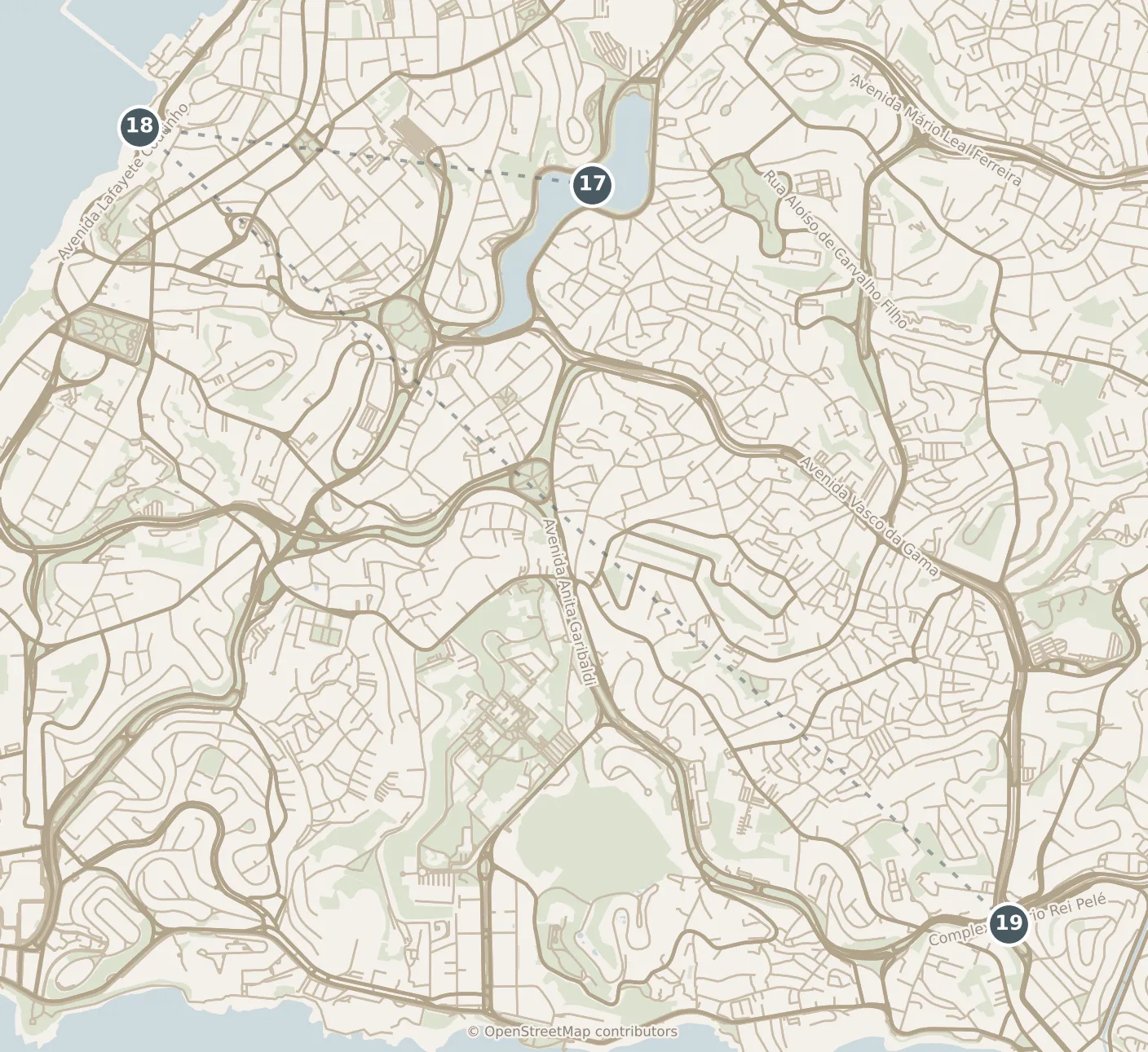 Map of Salvador, with a third day: stops 17–19, numbered in walking order.