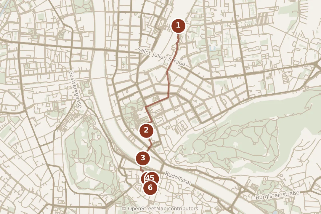 Map of Salzburg, morning: stops 1–6, numbered in walking order.