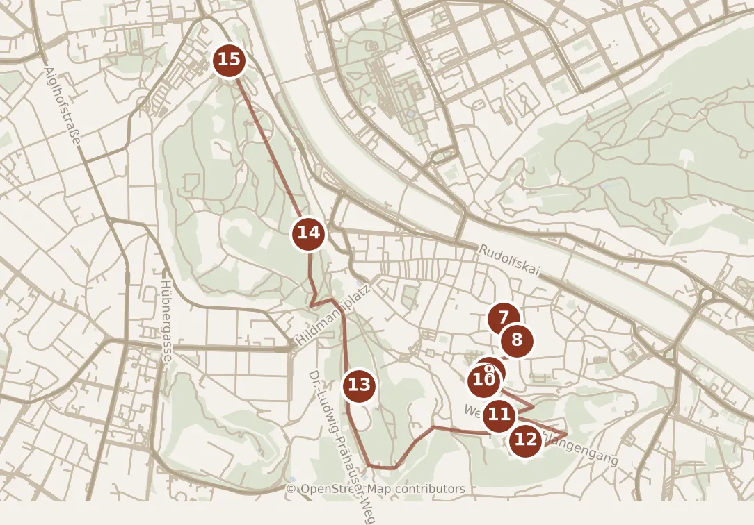 Map of Salzburg, afternoon and evening: stops 7–15, numbered in walking order.