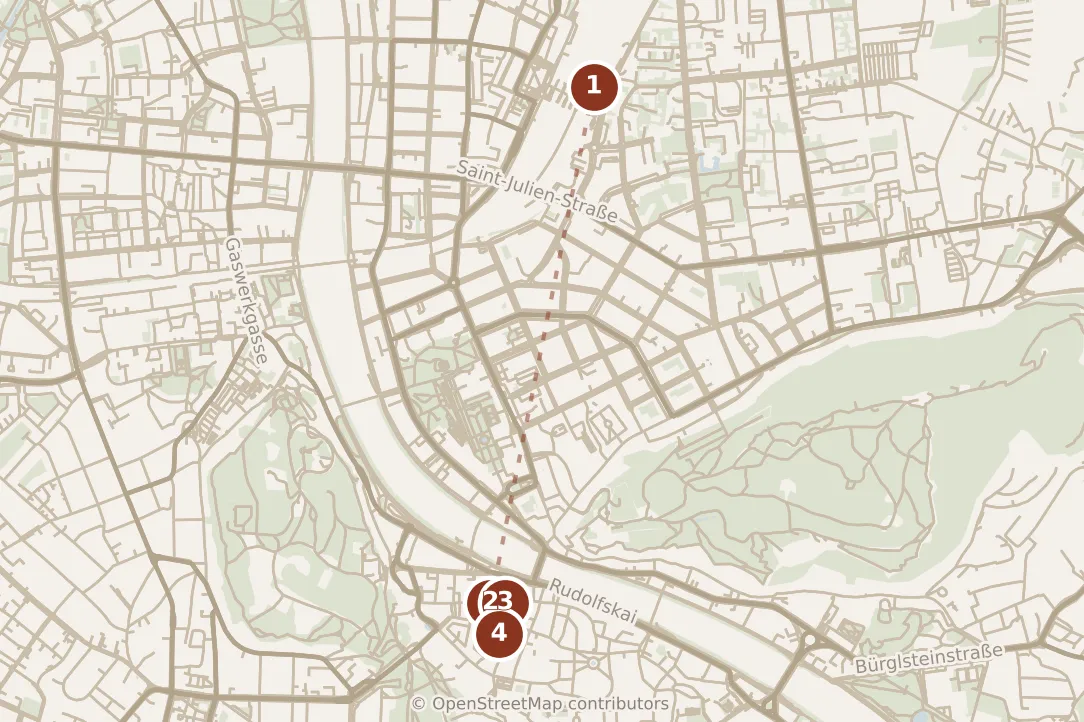Map of Salzburg, morning: stops 1–4, numbered in walking order.