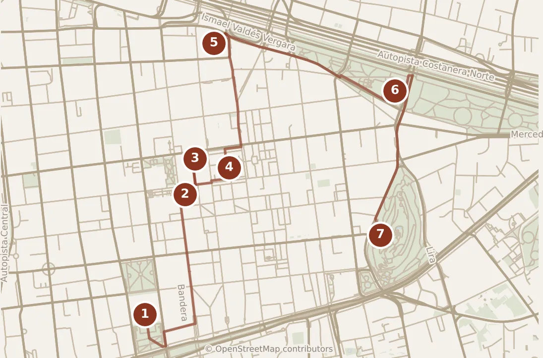 Map of Santiago, morning and afternoon: stops 1–7, numbered in walking order.