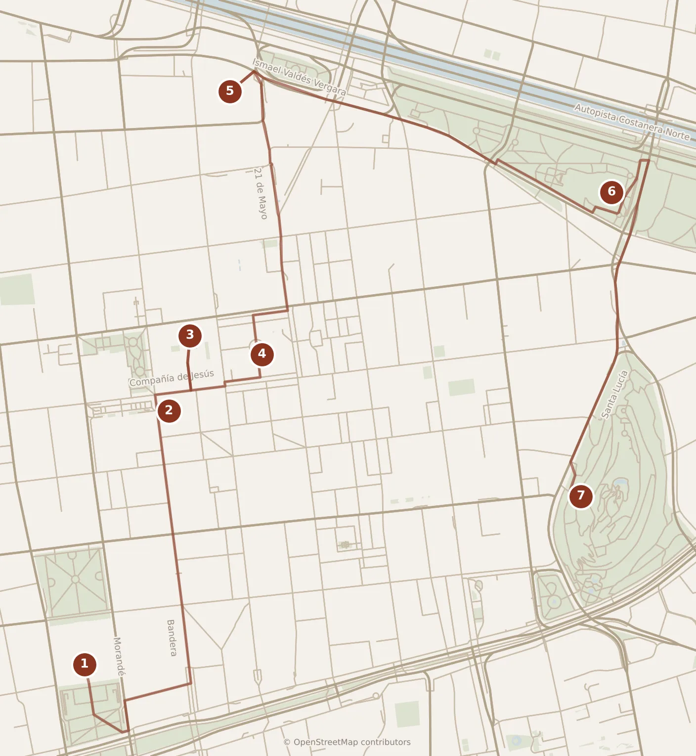 Map of Santiago, morning and afternoon: stops 1–7, numbered in walking order.