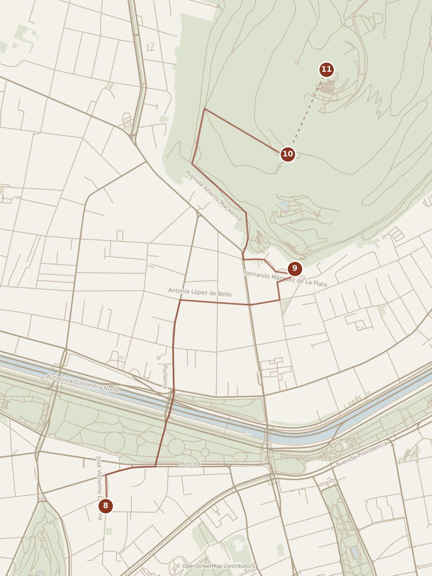Map of Santiago, evening: stops 8–11, numbered in walking order.