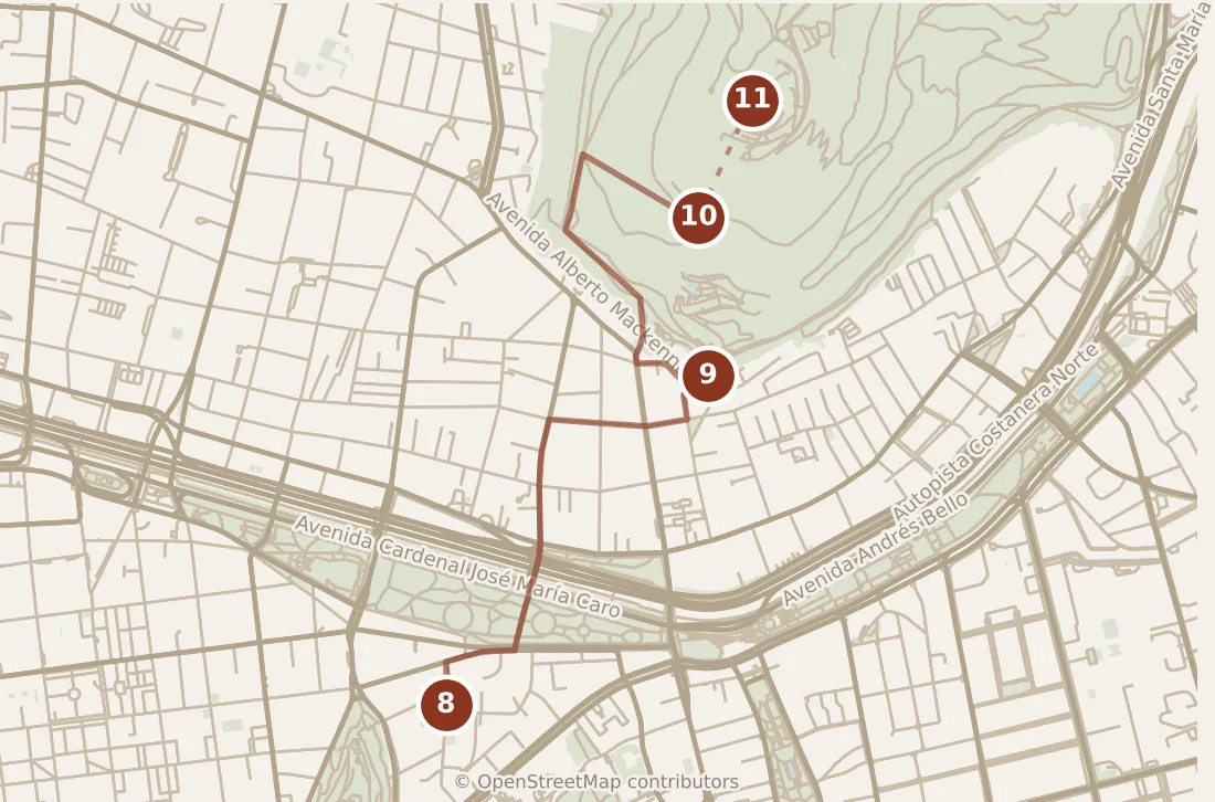Map of Santiago, evening: stops 8–11, numbered in walking order.