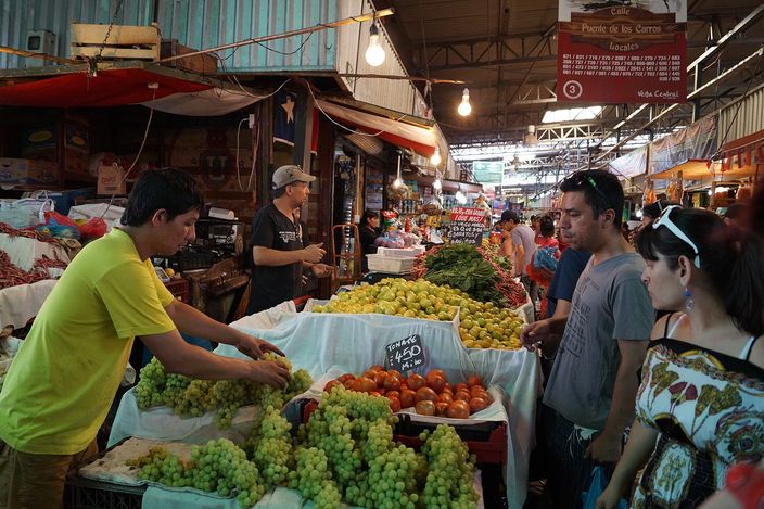 Inside La Vega Central market: a stallholder in a yellow shirt bagging green grapes at a table heaped with grapes and tomatoes, crates and produce stalls receding under a lit iron roof, shoppers passing on the right