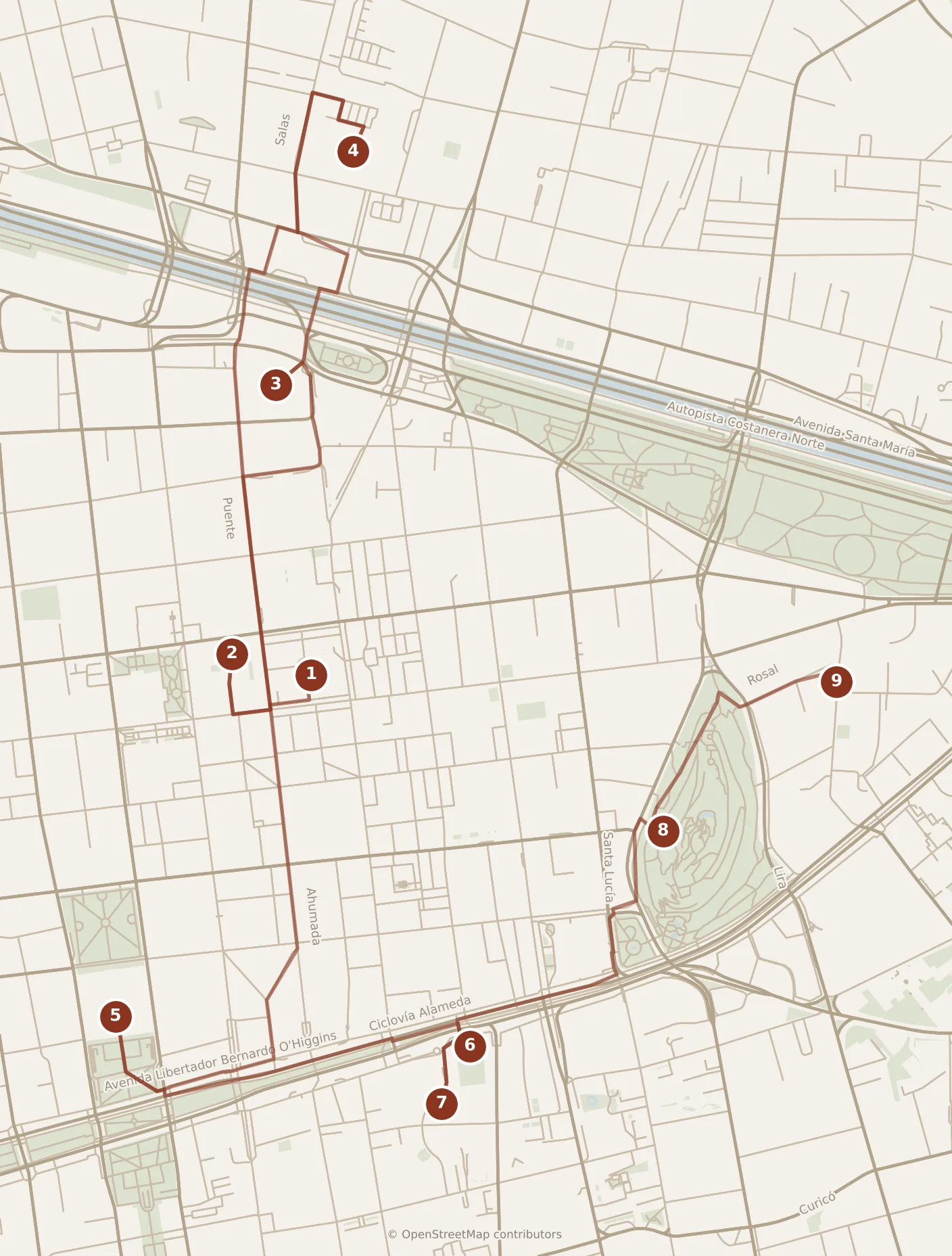 Map of Santiago, day one: stops 1–9, numbered in walking order.