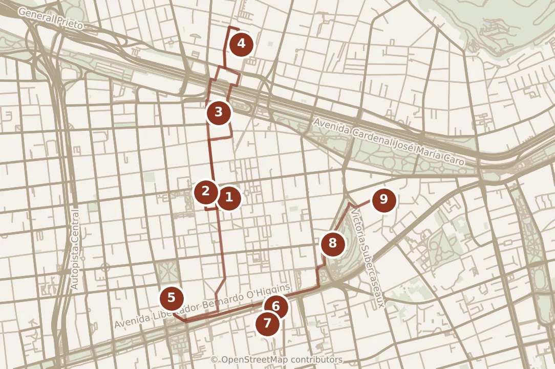 Map of Santiago, day one: stops 1–9, numbered in walking order.