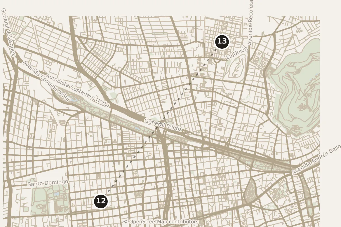 Map of Santiago, afternoon: stops 12–13, numbered in walking order.