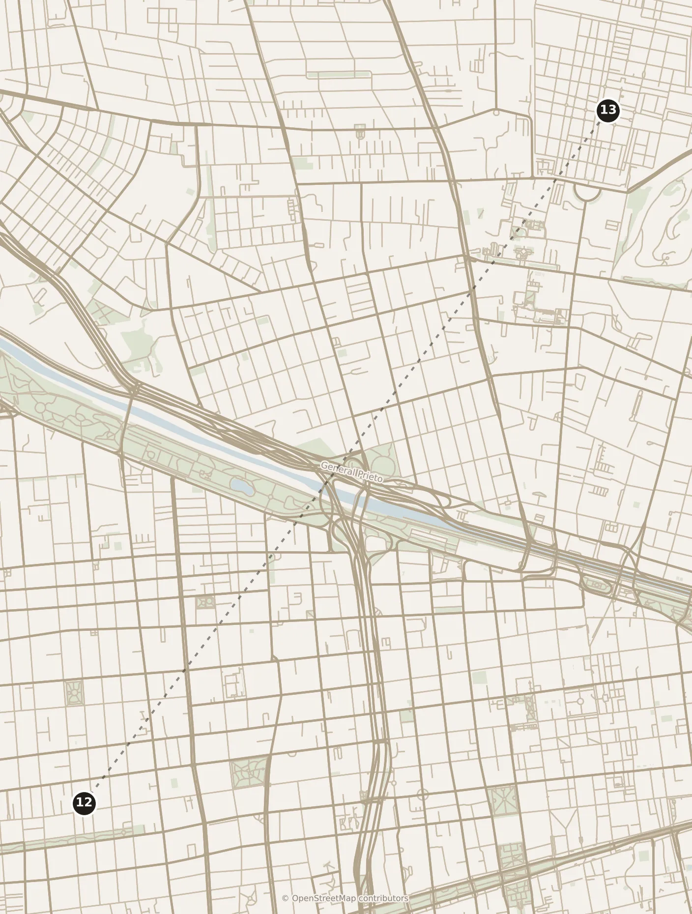 Map of Santiago, afternoon: stops 12–13, numbered in walking order.