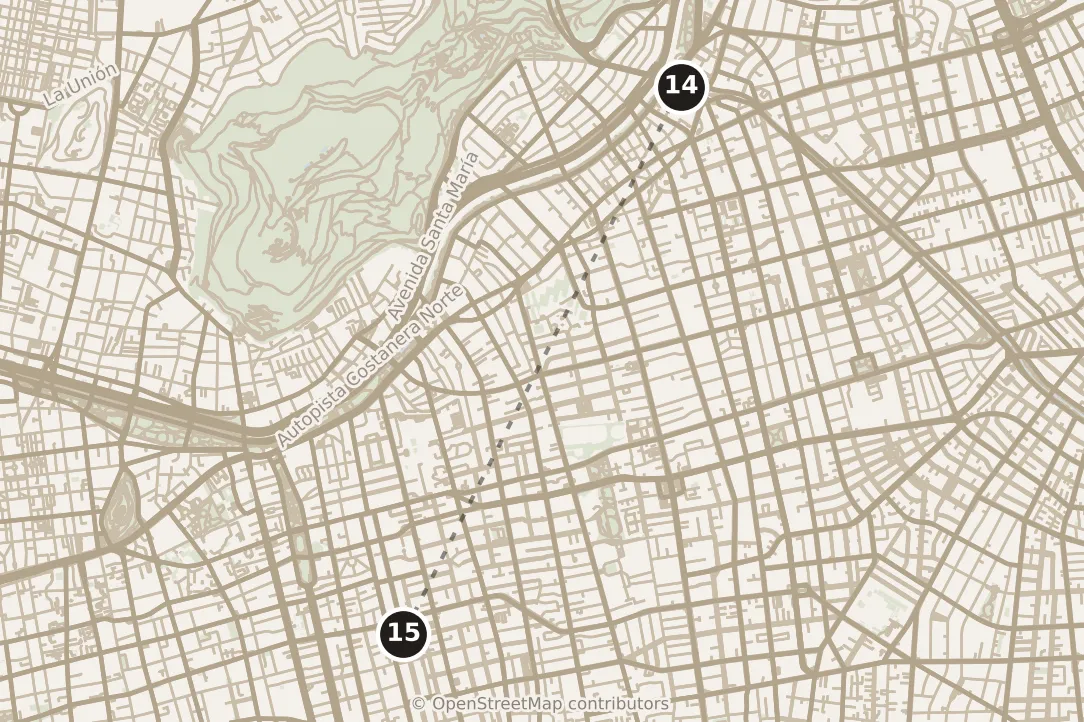 Map of Santiago, evening: stops 14–15, numbered in walking order.