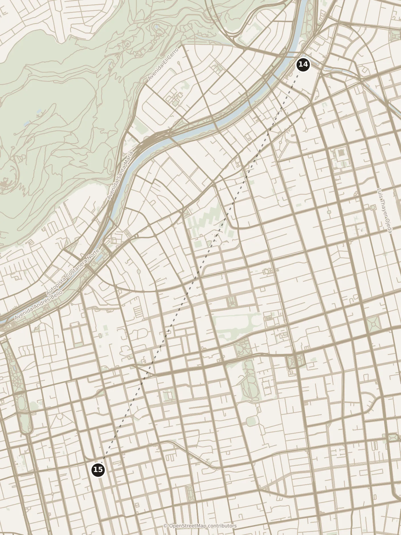 Map of Santiago, evening: stops 14–15, numbered in walking order.