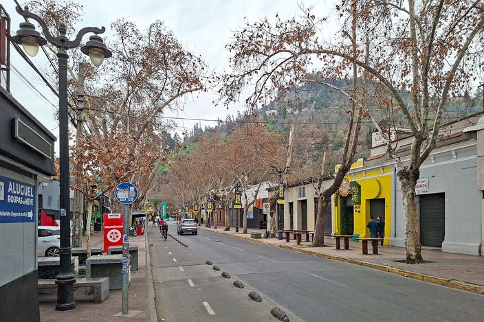 Calle Pío Nono in Bellavista: a low-rise commercial street lined with plane trees losing their leaves, cafés and bars behind, with the wooded slope of Cerro San Cristóbal rising at the far end