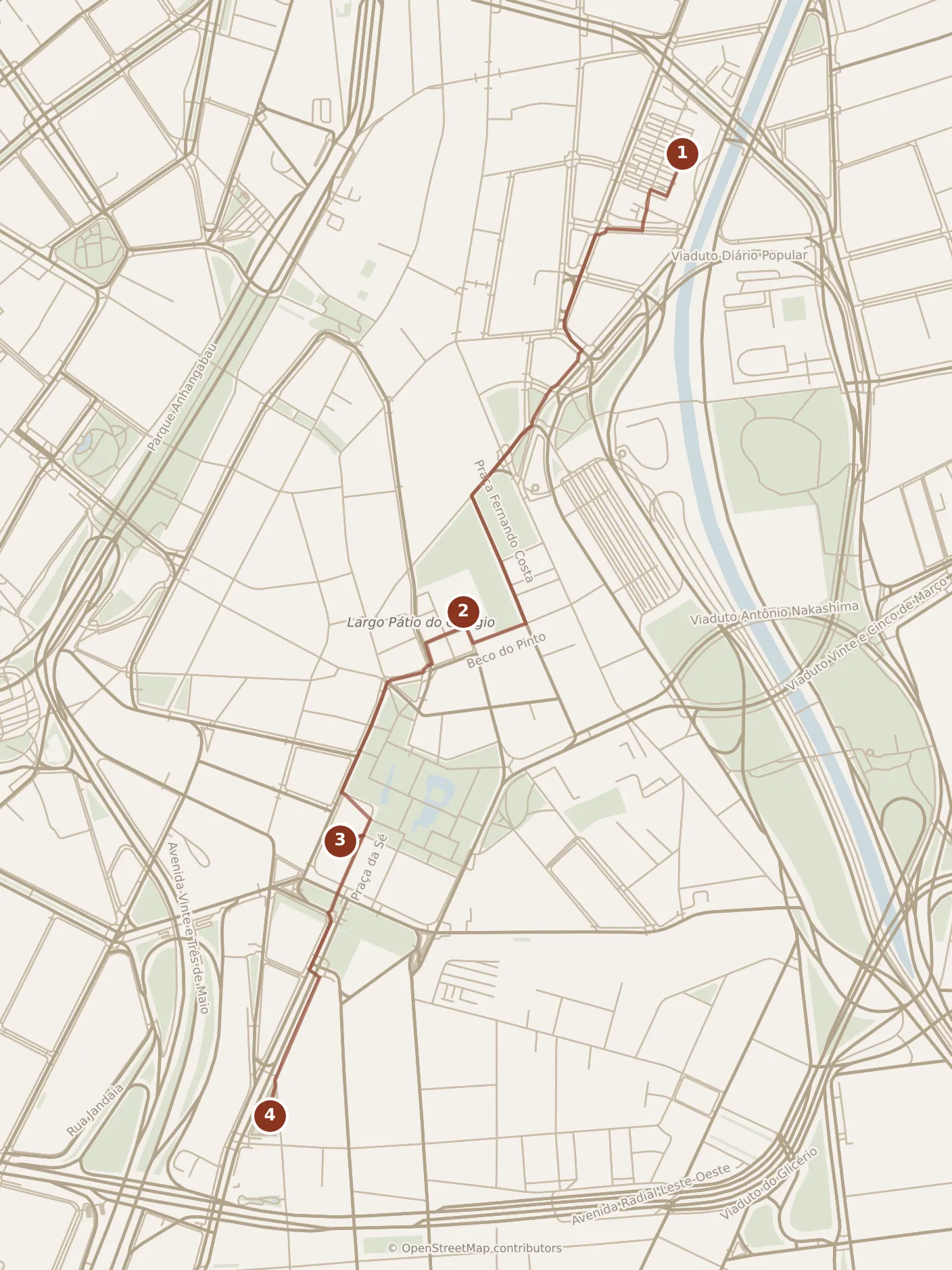 Map of São Paulo, morning: stops 1–4, numbered in walking order.