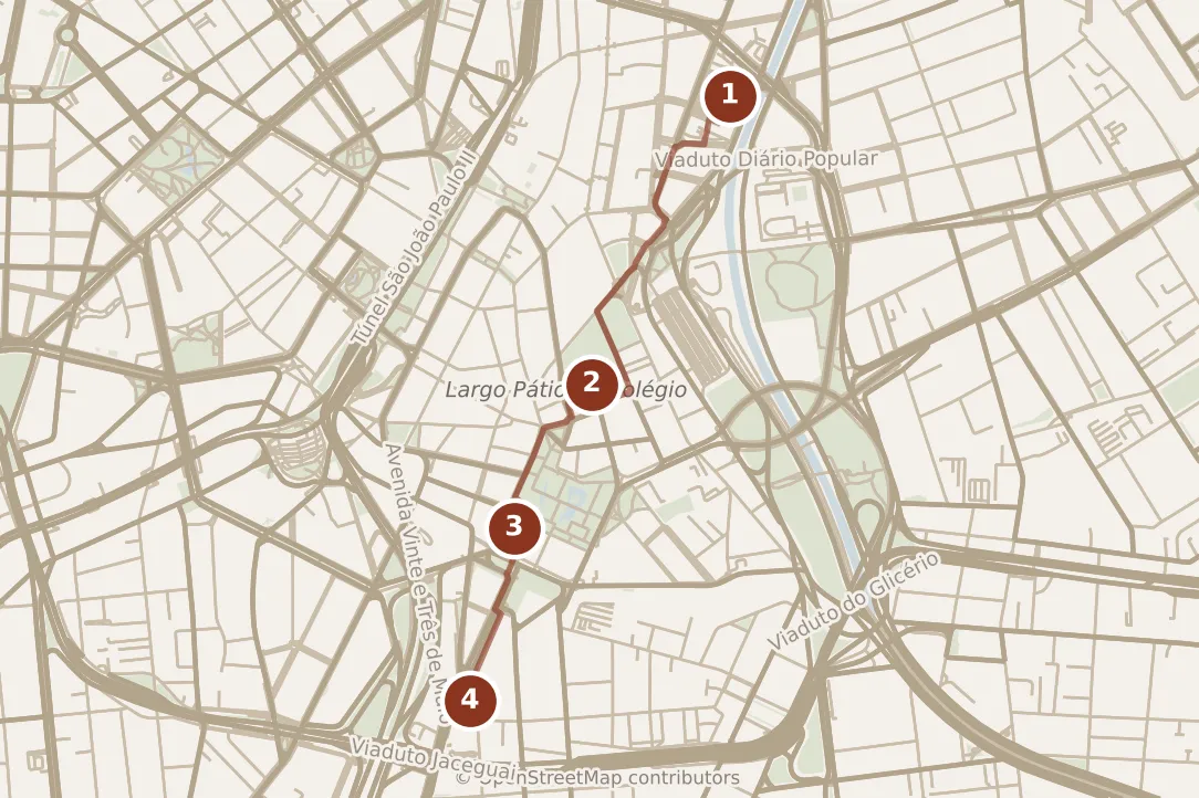 Map of São Paulo, morning: stops 1–4, numbered in walking order.