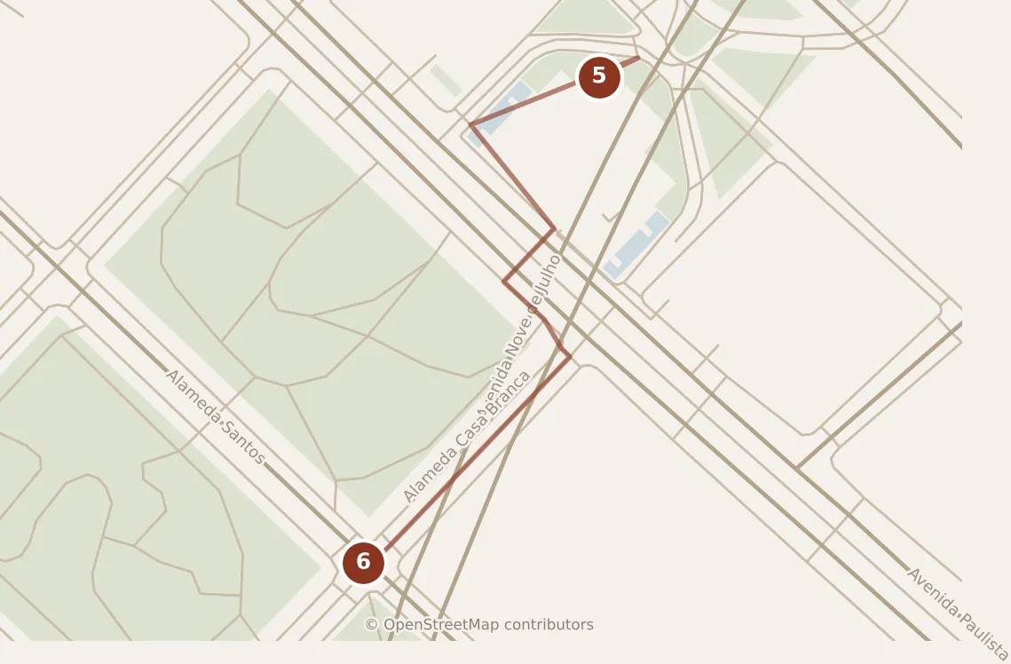 Map of São Paulo, afternoon: stops 5–6, numbered in walking order.
