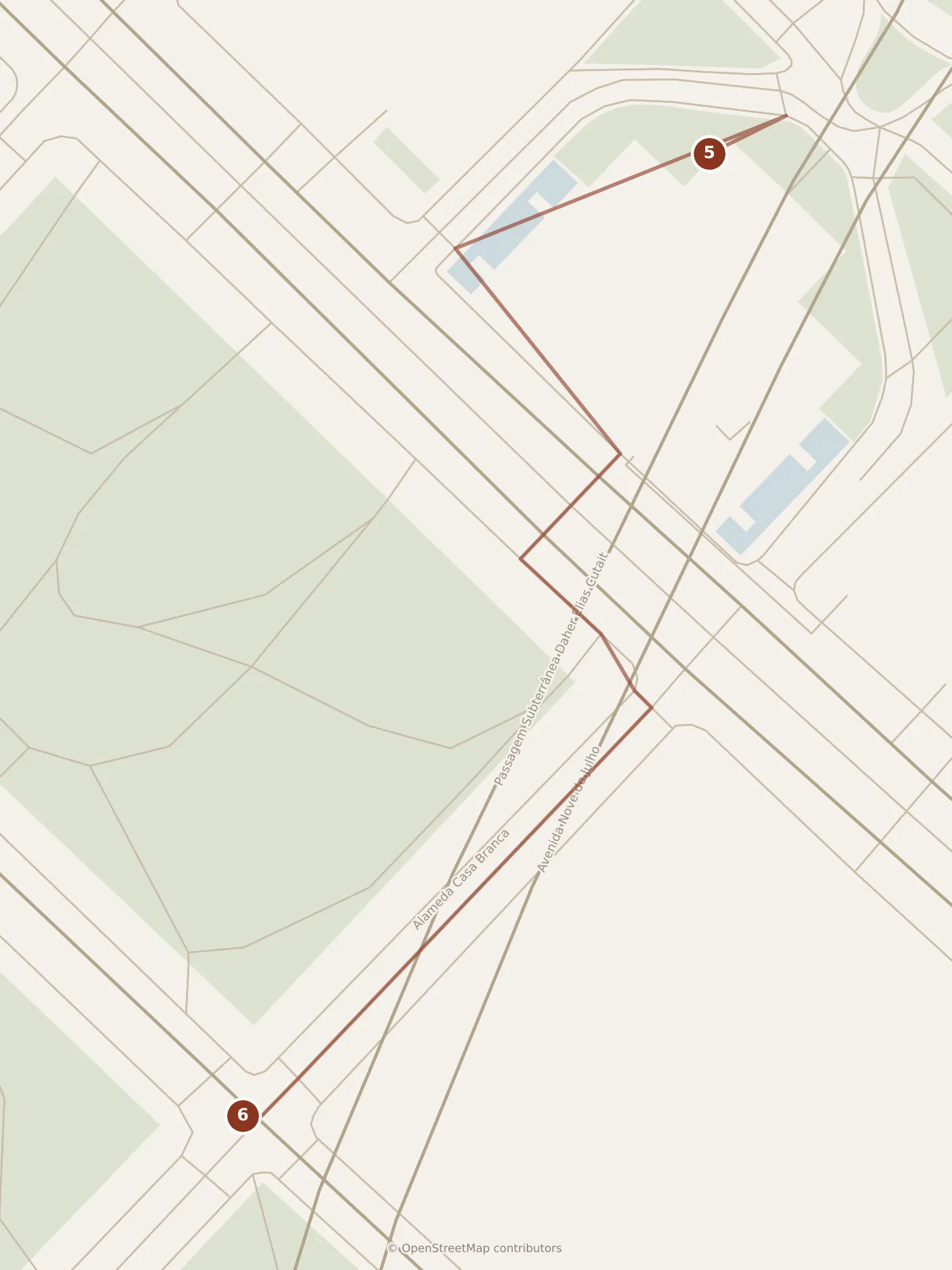 Map of São Paulo, afternoon: stops 5–6, numbered in walking order.