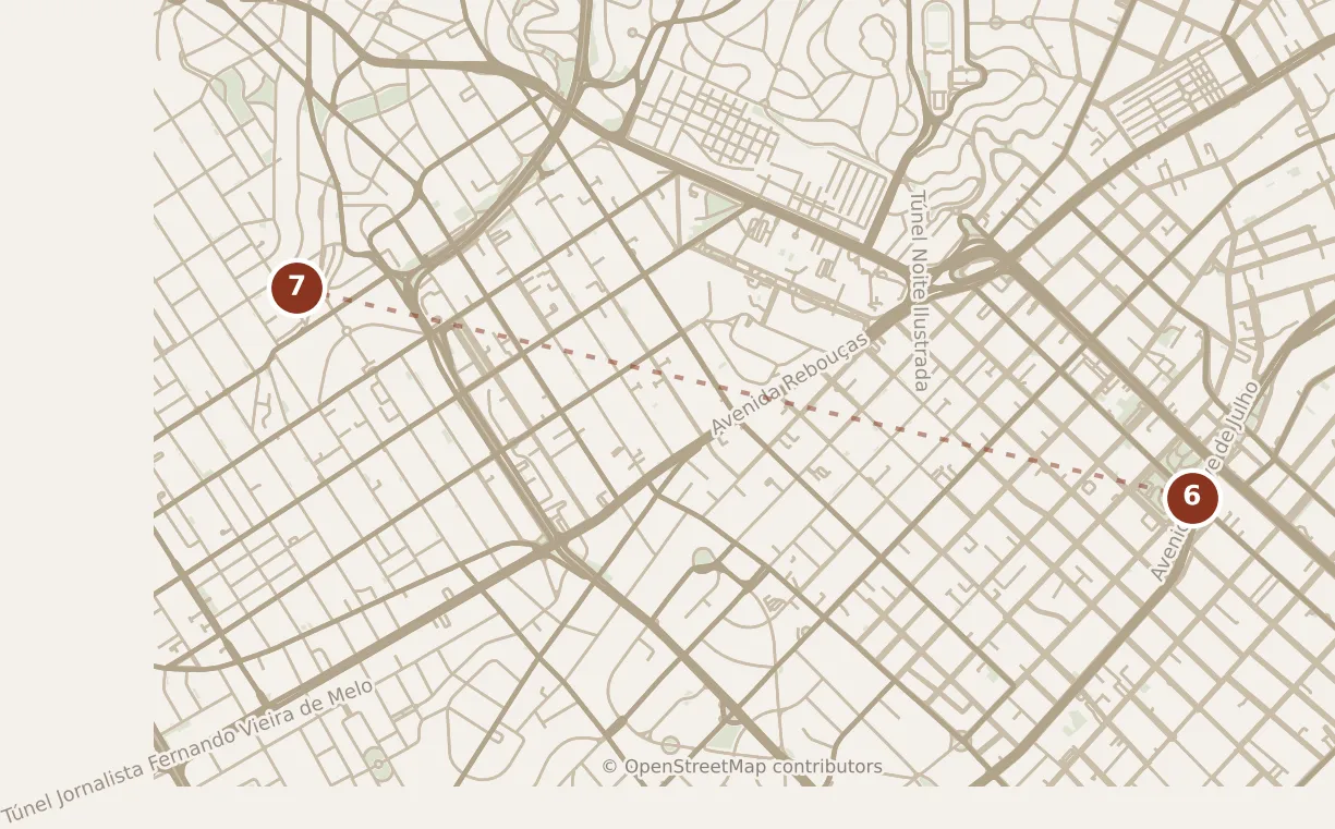 Map of São Paulo, evening: stop 7, numbered in walking order.
